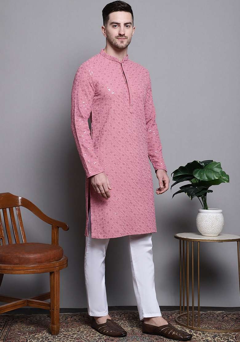 Coral Embroidered Cotton Kurta For Men - Indya