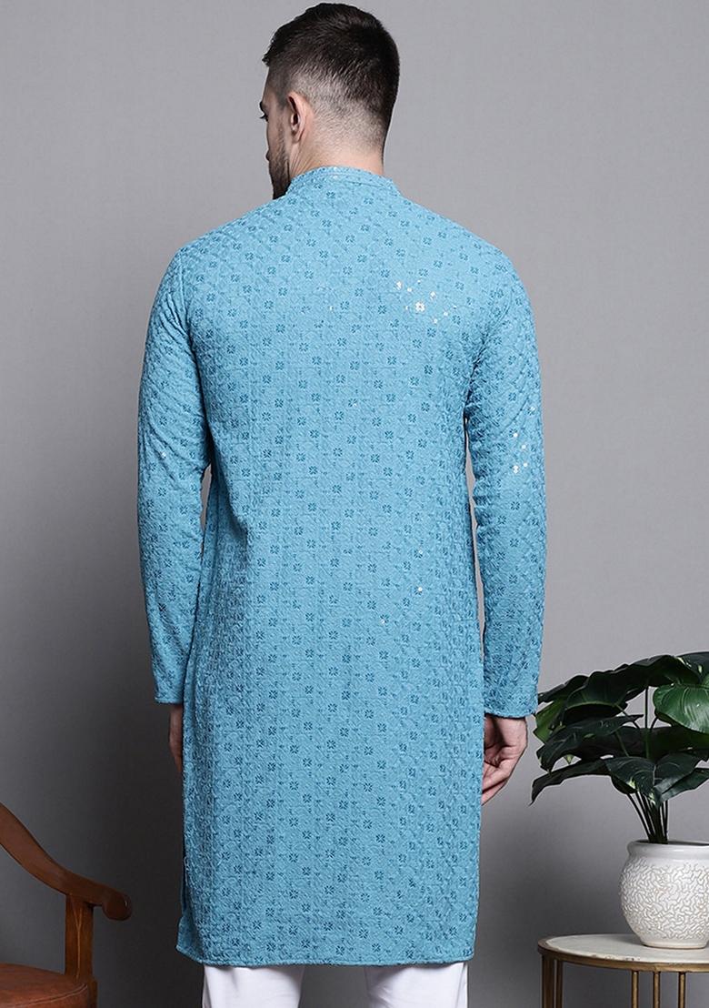 Blue Embroidered Cotton Kurta For Men