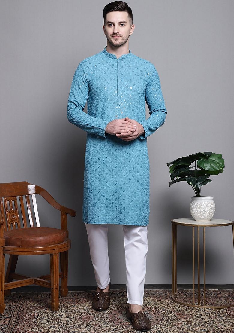 Blue Embroidered Cotton Kurta For Men