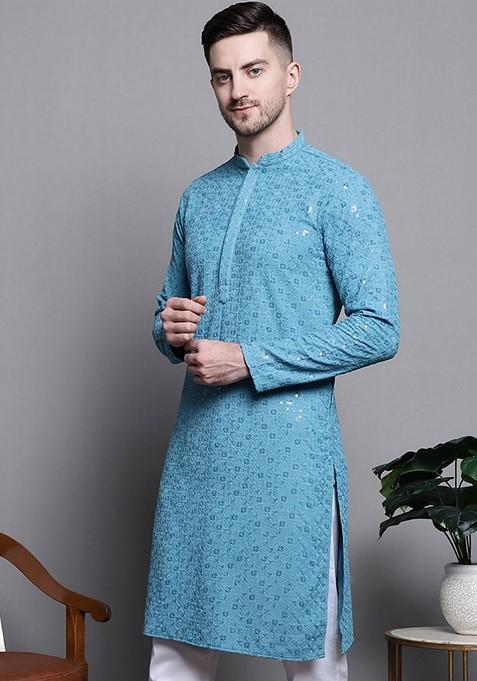 Blue Embroidered Cotton Kurta For Men