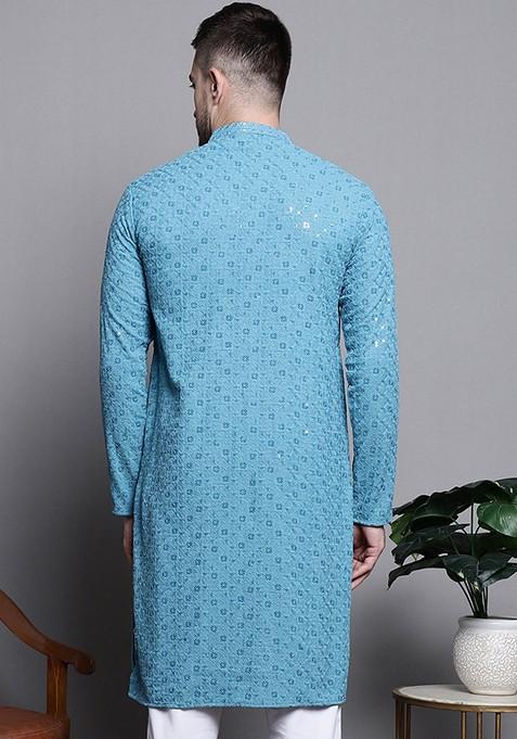 Blue Embroidered Cotton Kurta For Men