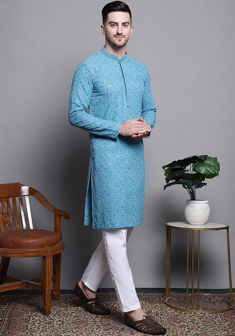 Blue Embroidered Cotton Kurta For Men