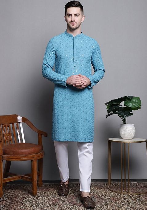 Blue Embroidered Cotton Kurta For Men