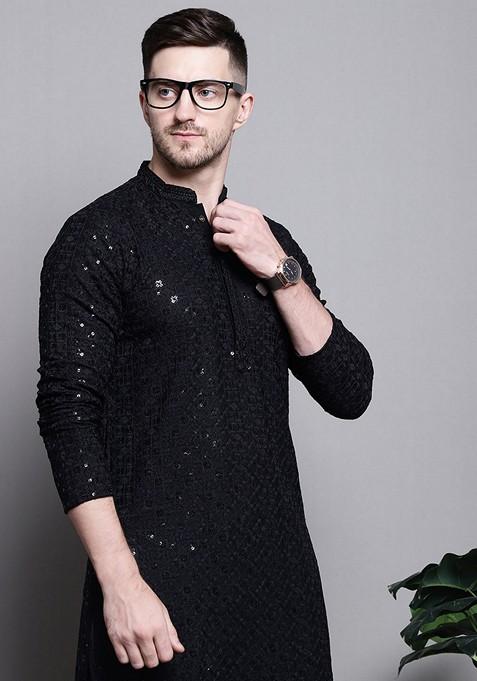 Black Embroidered Cotton Kurta For Men