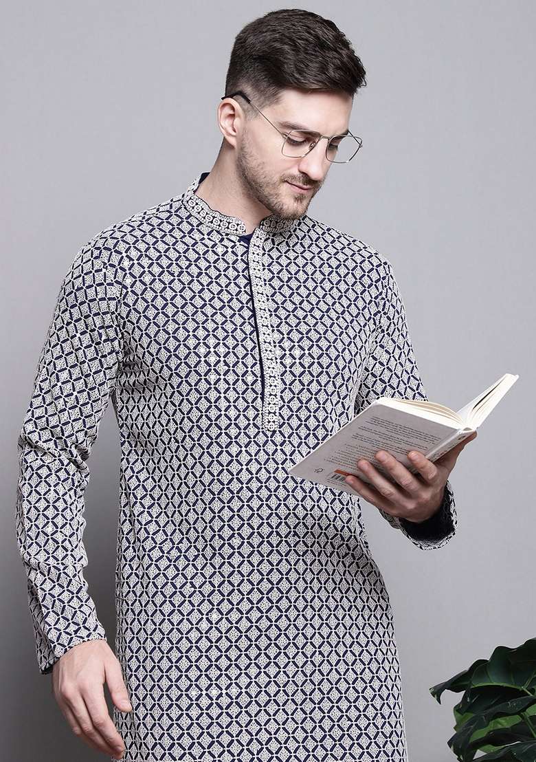 Navy Blue Embroidered Cotton Kurta For Men - Indya