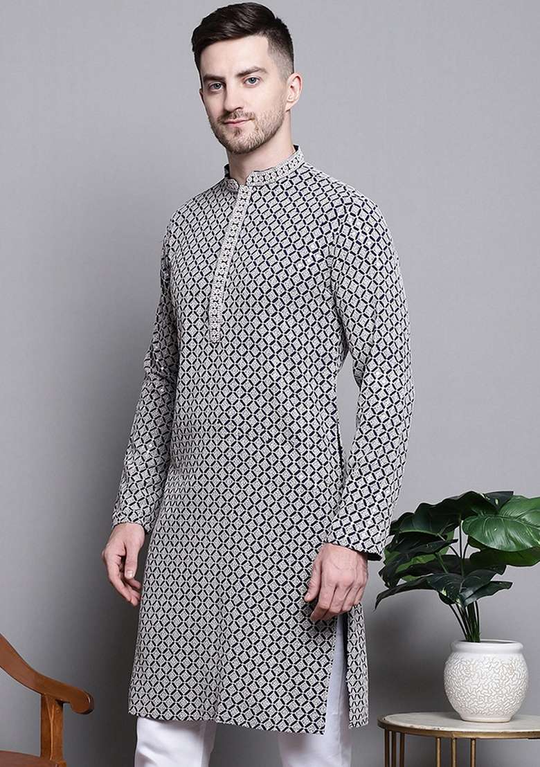 Navy Blue Embroidered Cotton Kurta For Men - Indya