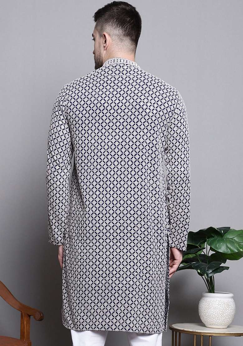 Navy Blue Embroidered Cotton Kurta For Men - Indya