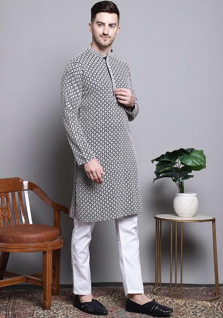 Navy Blue Embroidered Cotton Kurta For Men - Indya