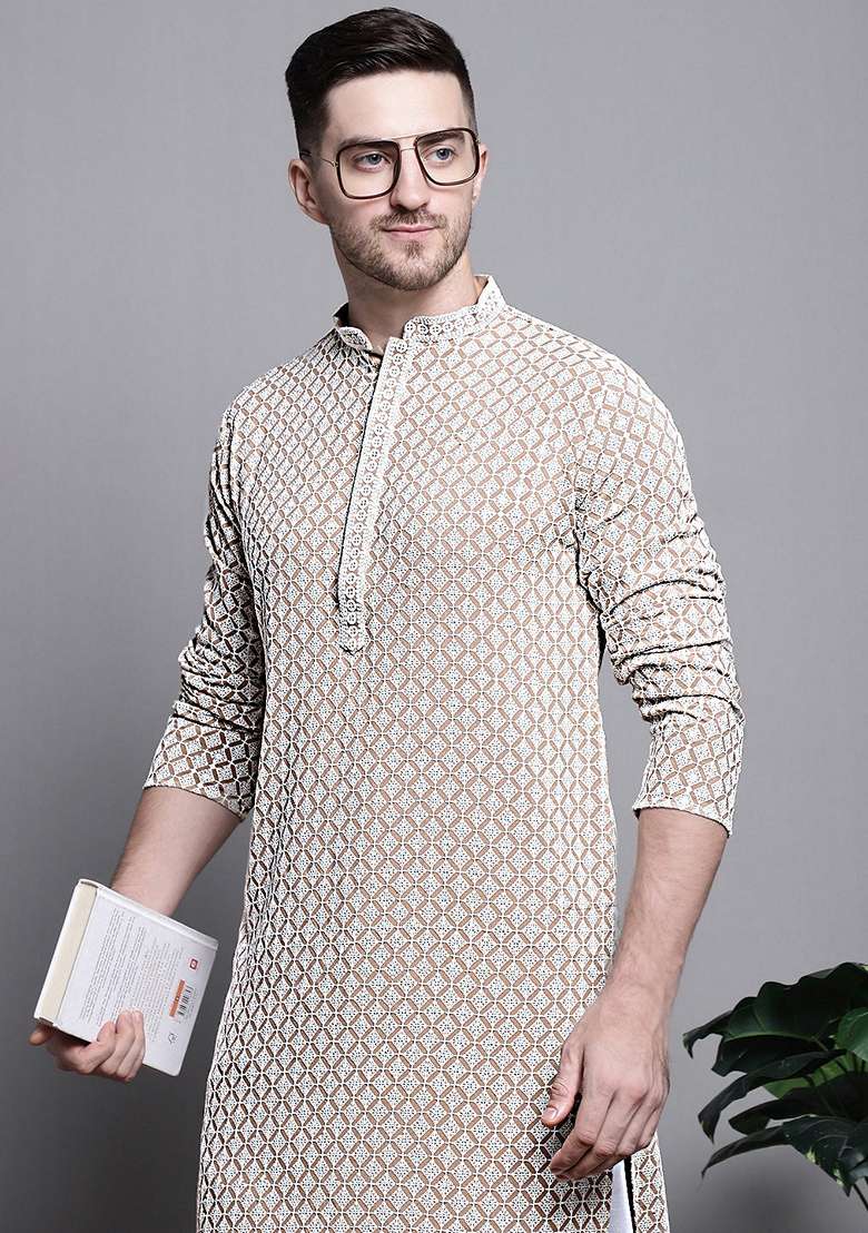 Beige Embroidered Cotton Kurta For Men - Indya