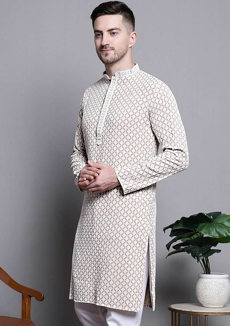 Beige Embroidered Cotton Kurta For Men - Indya