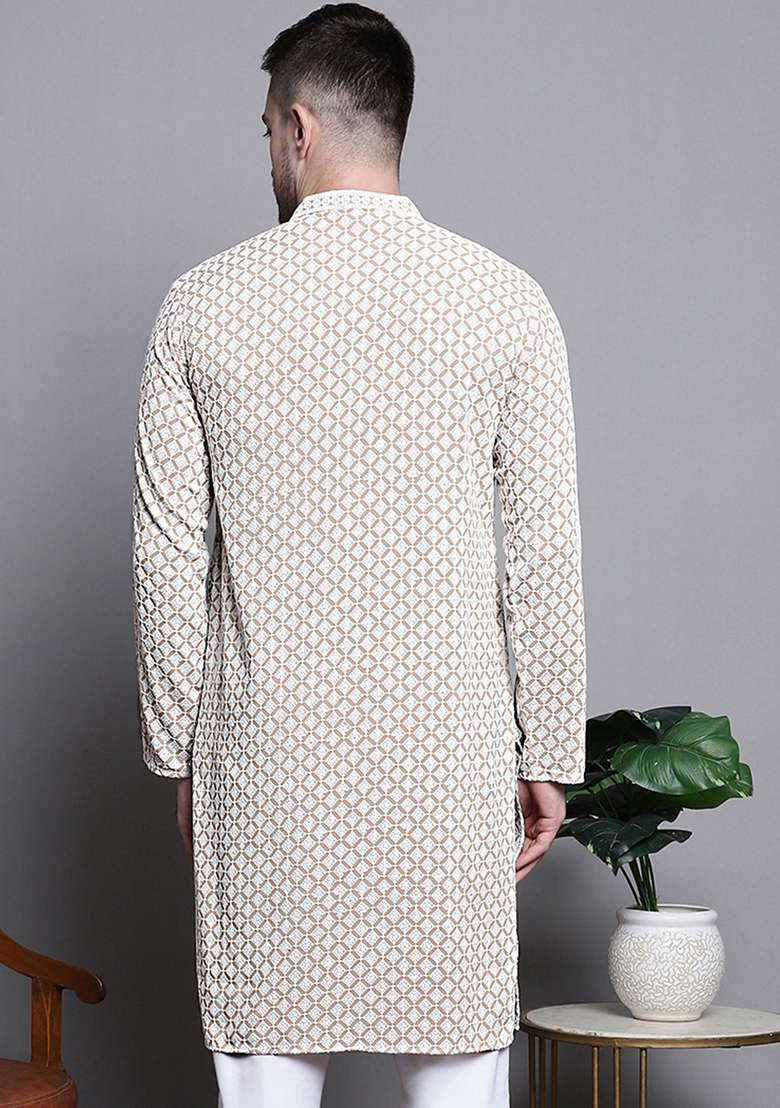 Beige Embroidered Cotton Kurta For Men - Indya