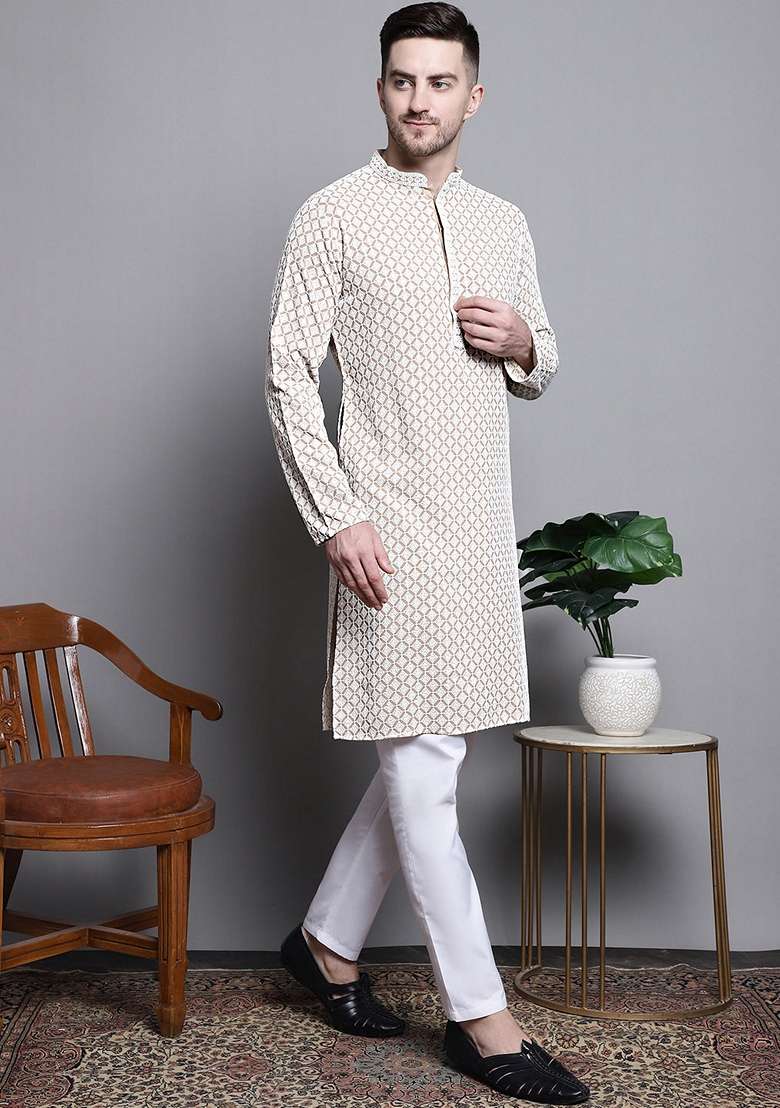 Beige Embroidered Cotton Kurta For Men - Indya