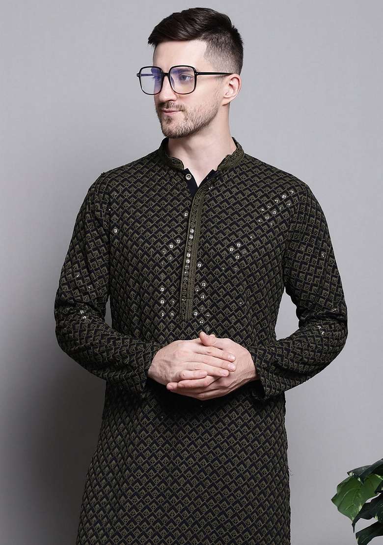 Mehndi Green Embroidered Cotton Kurta For Men - Indya