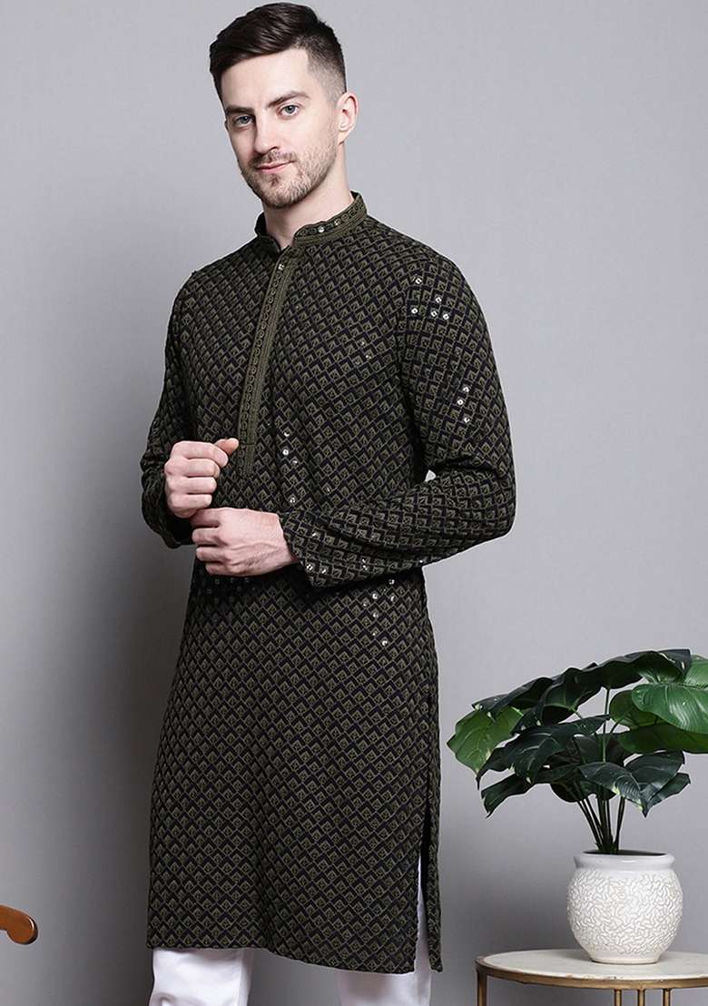 Mehndi Green Embroidered Cotton Kurta For Men - Indya