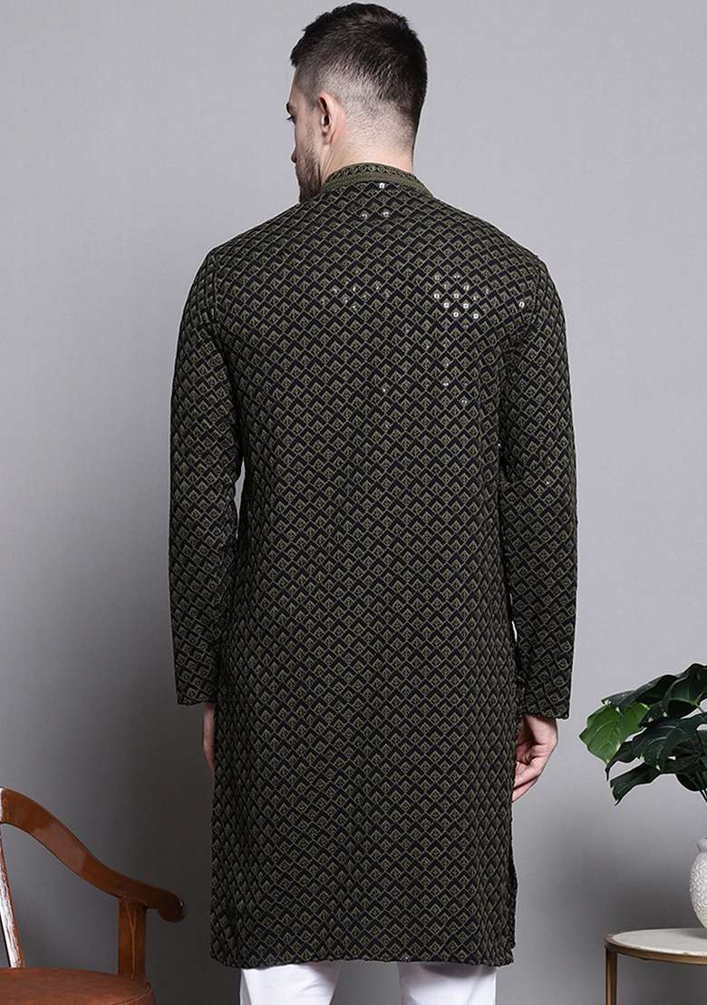 Mehndi Green Embroidered Cotton Kurta For Men - Indya