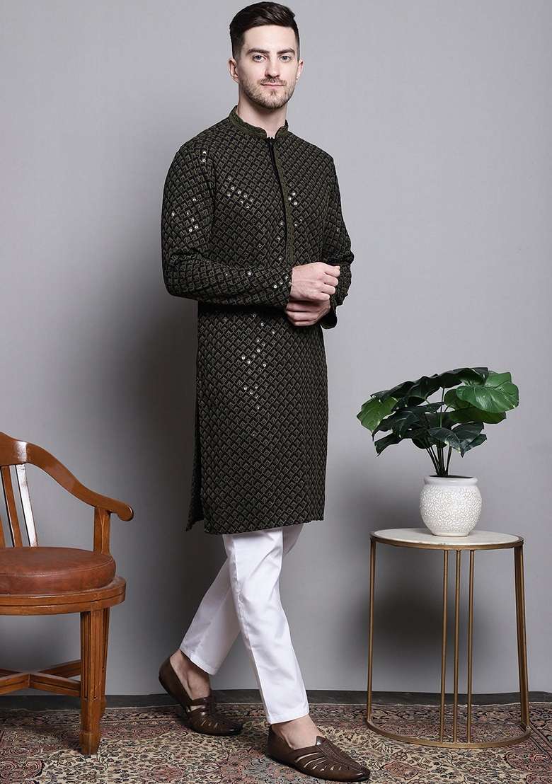 Mehndi Green Embroidered Cotton Kurta For Men - Indya