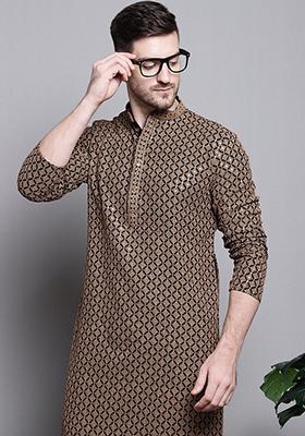 Brown Embroidered Cotton Kurta For Men