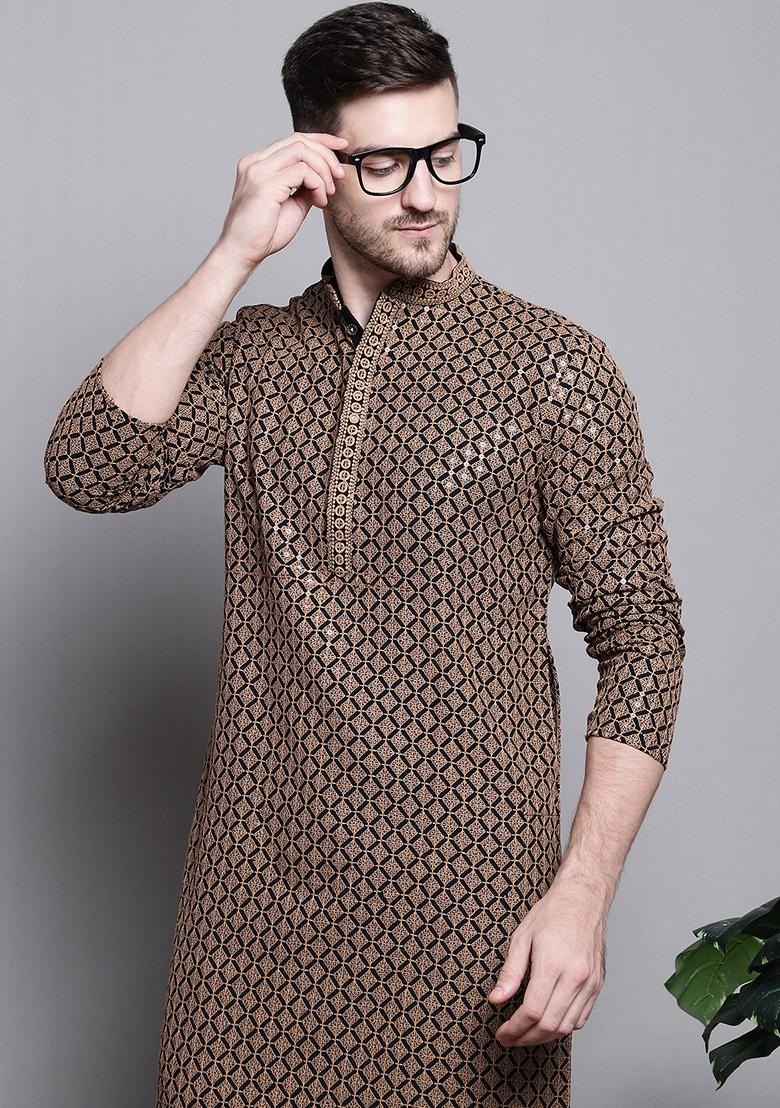 Brown Embroidered Cotton Kurta For Men