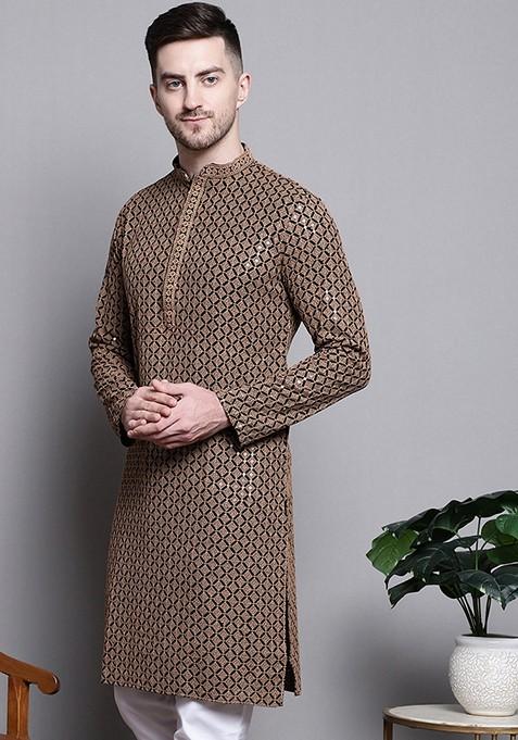 Brown Embroidered Cotton Kurta For Men
