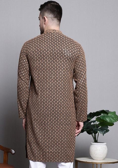 Brown Embroidered Cotton Kurta For Men