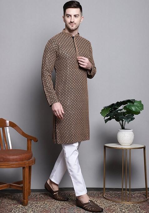 Brown Embroidered Cotton Kurta For Men