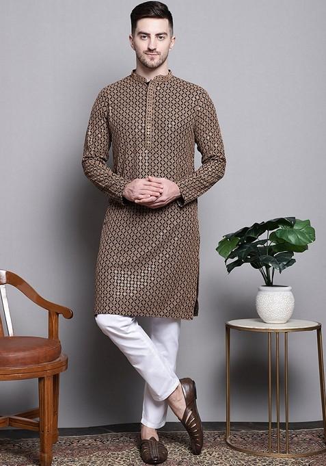 Brown Embroidered Cotton Kurta For Men