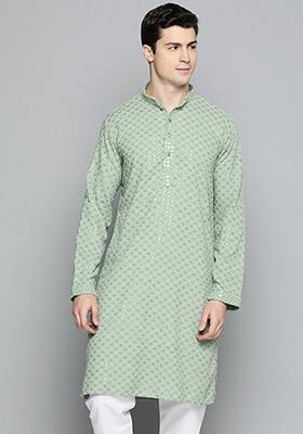 Pista Green Embroidered Cotton Kurta For Men