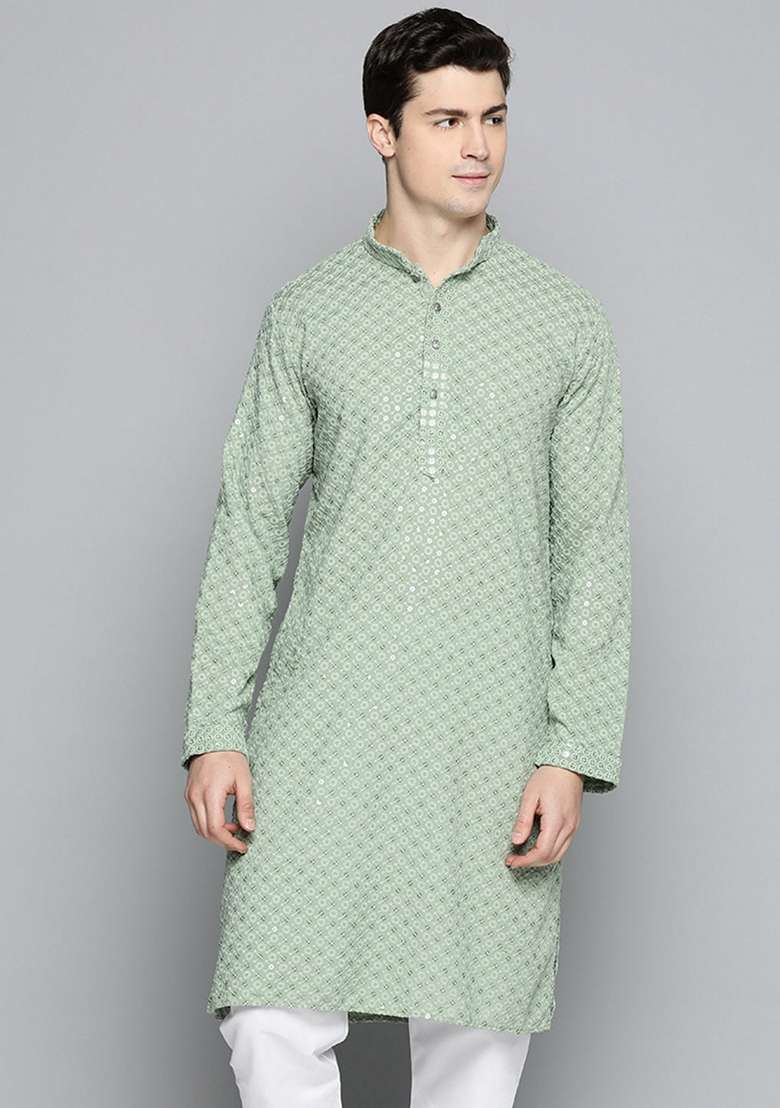 Pista Green Embroidered Cotton Kurta For Men - Indya