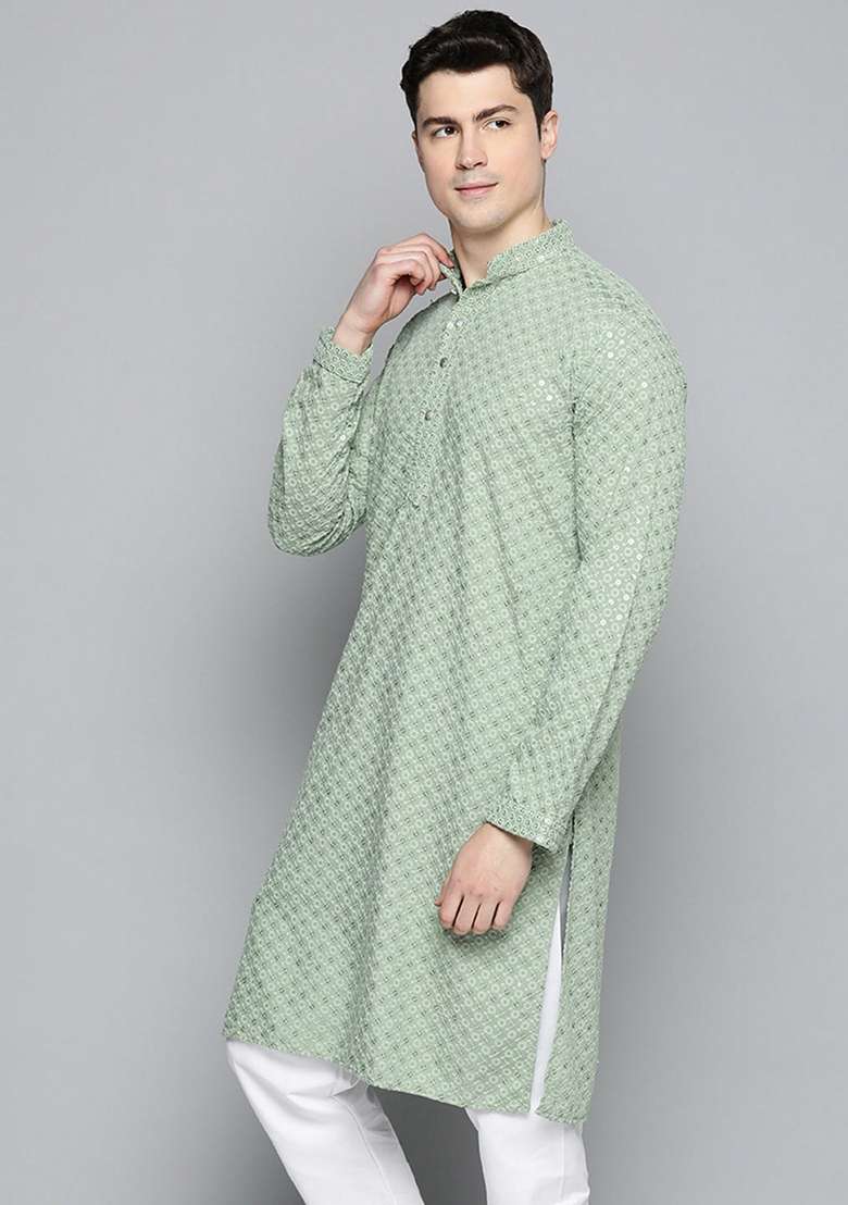 Pista Green Embroidered Cotton Kurta For Men - Indya