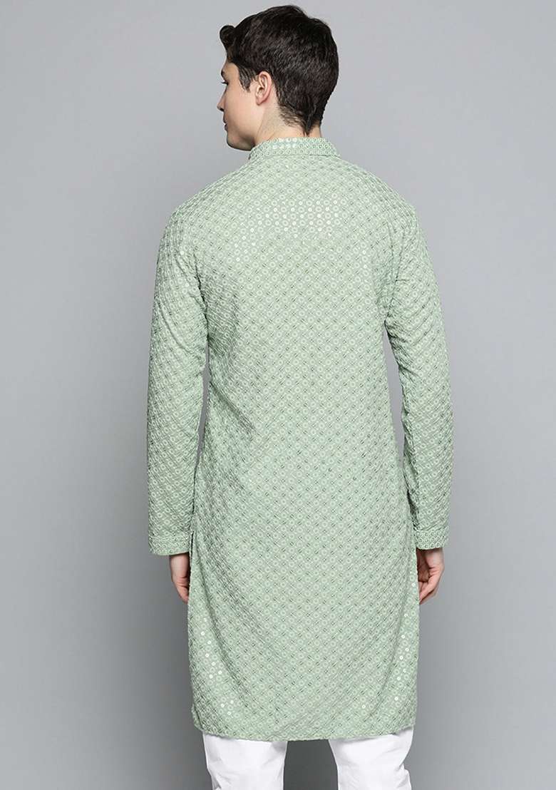 Pista Green Embroidered Cotton Kurta For Men - Indya
