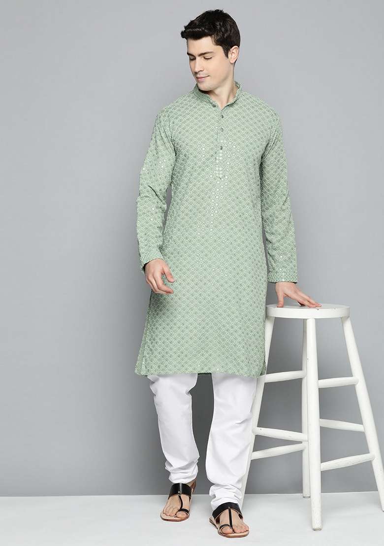 Pista Green Embroidered Cotton Kurta For Men - Indya