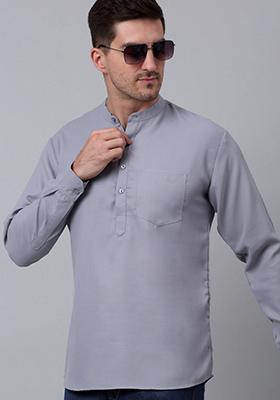 Grey Cotton Blend Kurta For Men