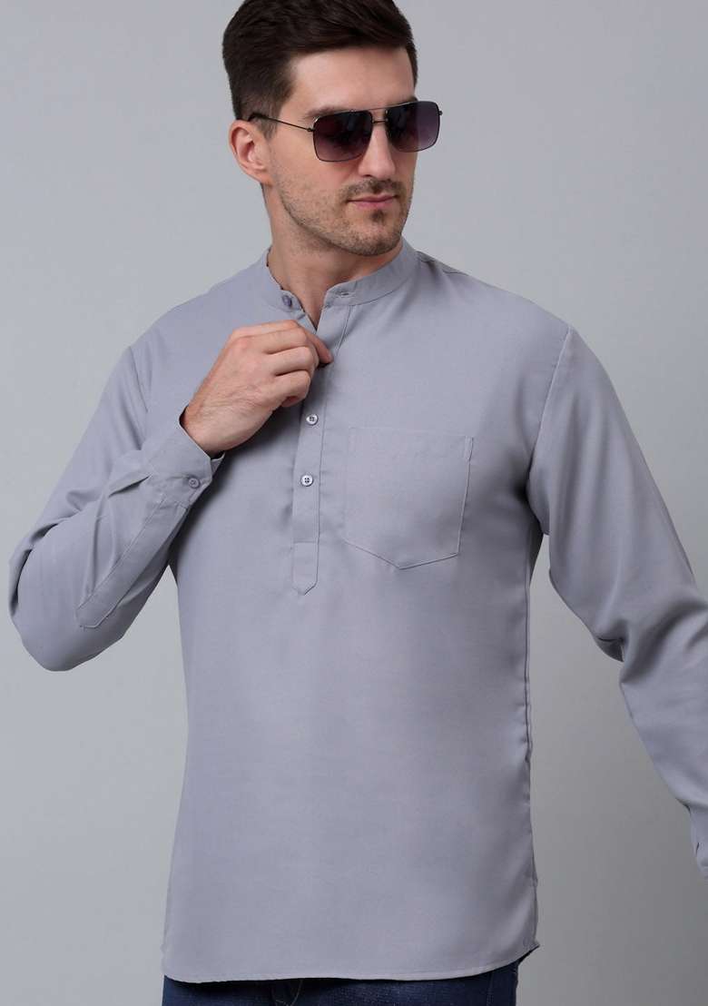 Grey Cotton Blend Kurta For Men - Indya
