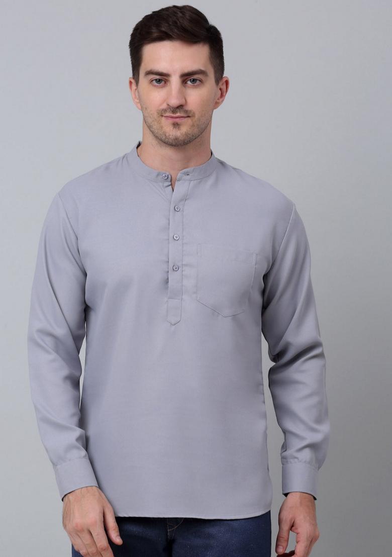 Grey Cotton Blend Kurta For Men - Indya