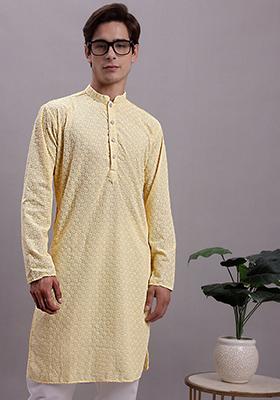 Yellow Embroidered Cotton Kurta For Men