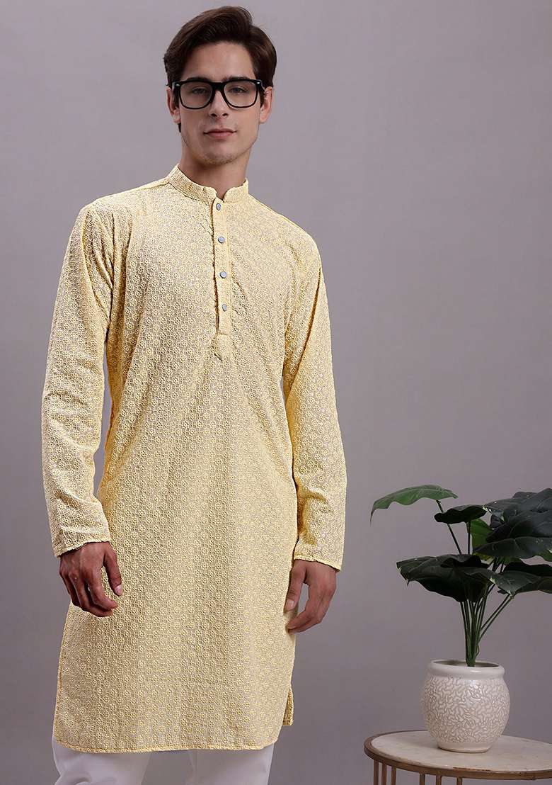 Yellow Embroidered Cotton Kurta For Men - Indya