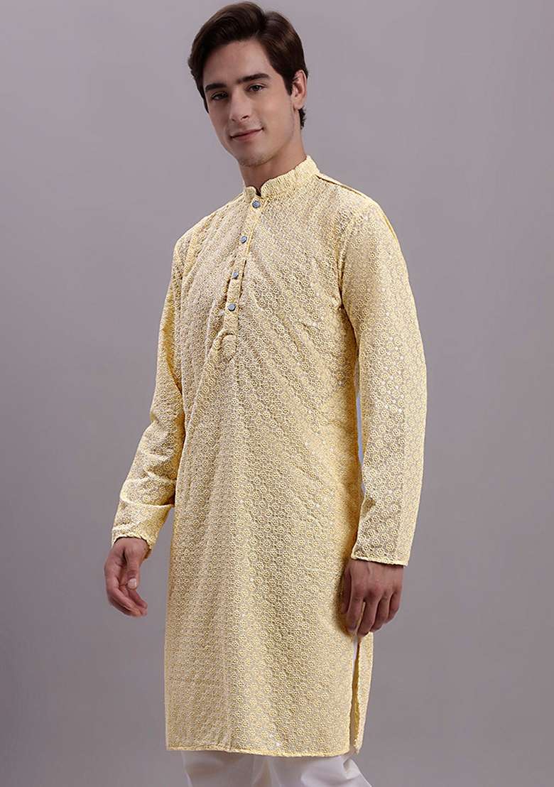 Yellow Embroidered Cotton Kurta For Men - Indya