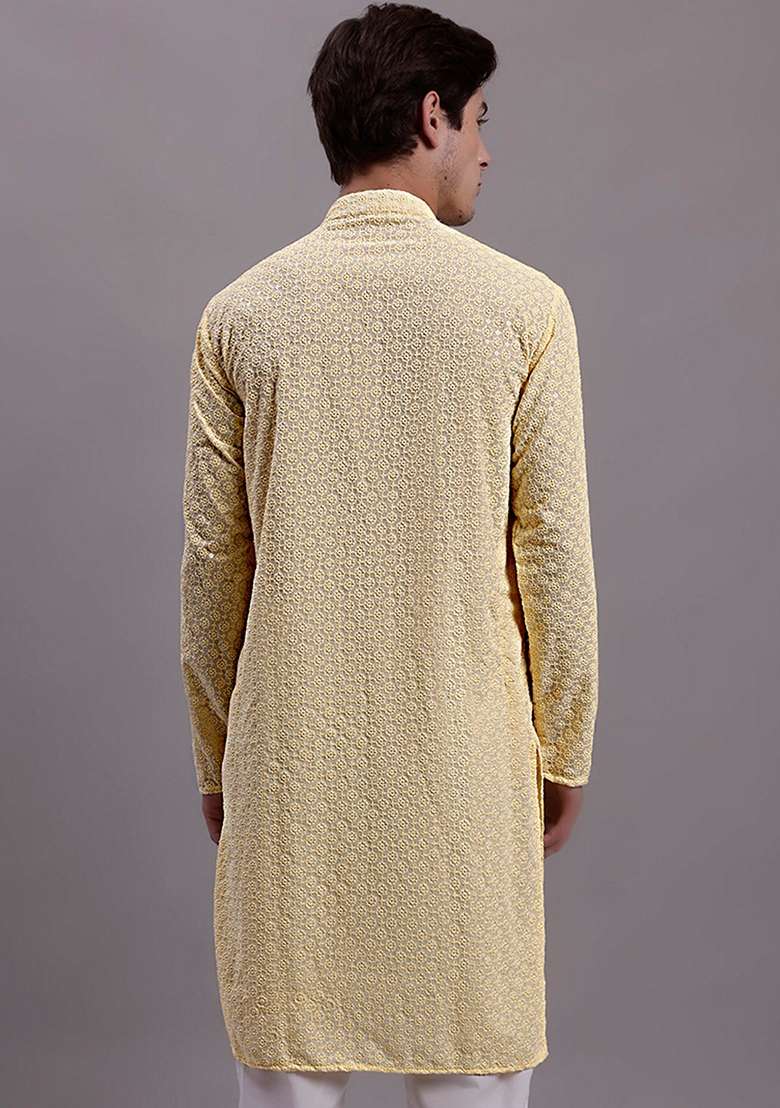 Yellow Embroidered Cotton Kurta For Men - Indya