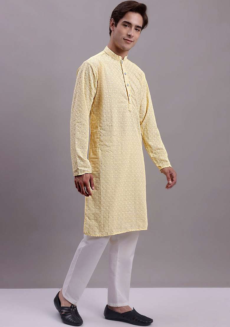 Yellow Embroidered Cotton Kurta For Men - Indya