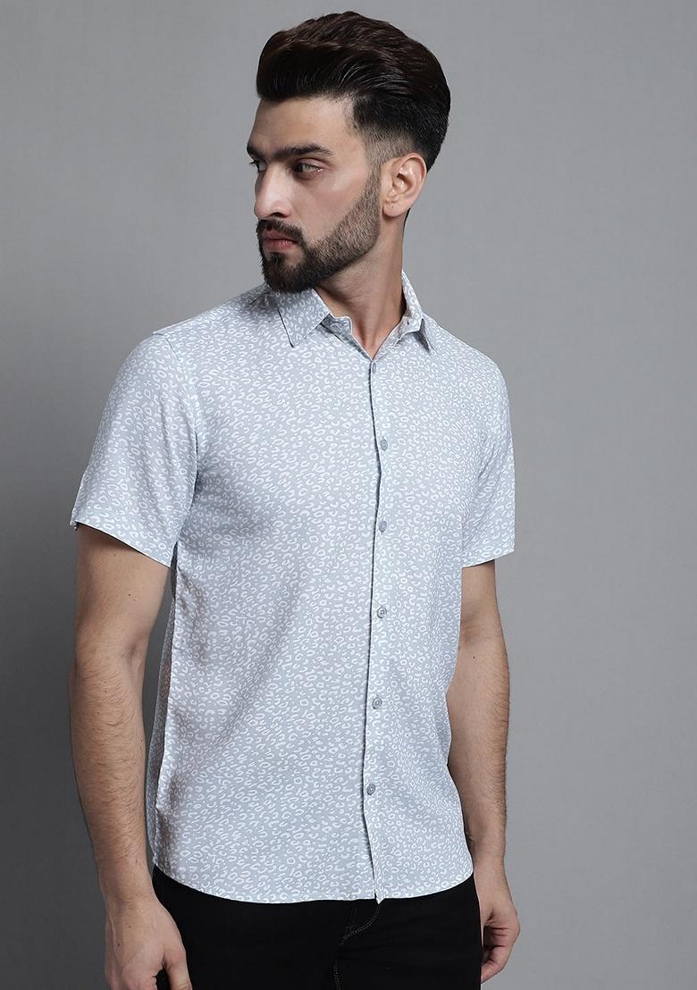 Grey Printed Viscose Shirt For Men - Indya