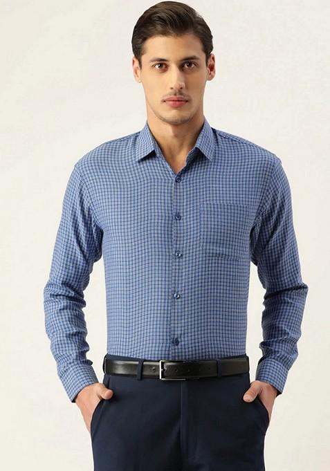 Blue Printed Cotton Shirt For Men