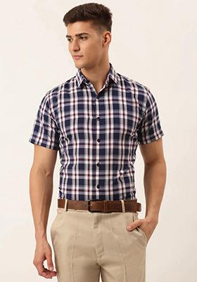 Navy Blue Printed Cotton Shirt For Men