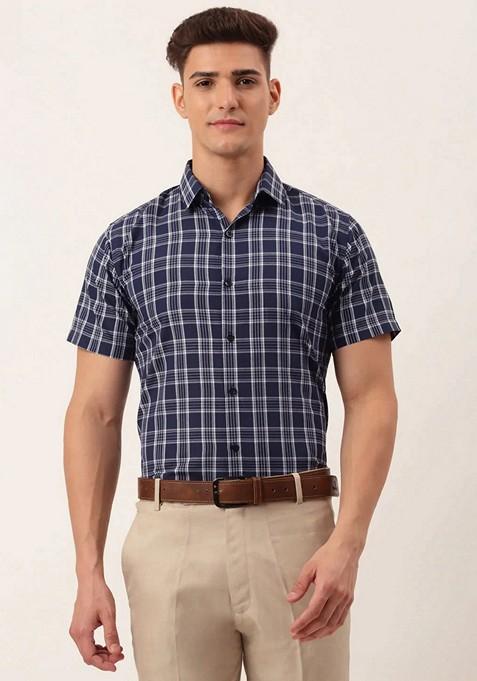 Blue Printed Cotton Shirt For Men