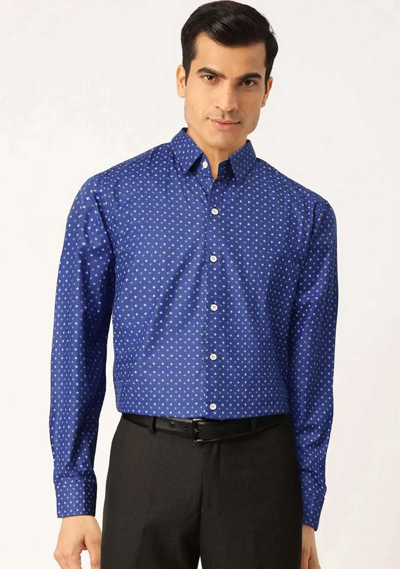 Blue Printed Cotton Shirt For Men - Indya