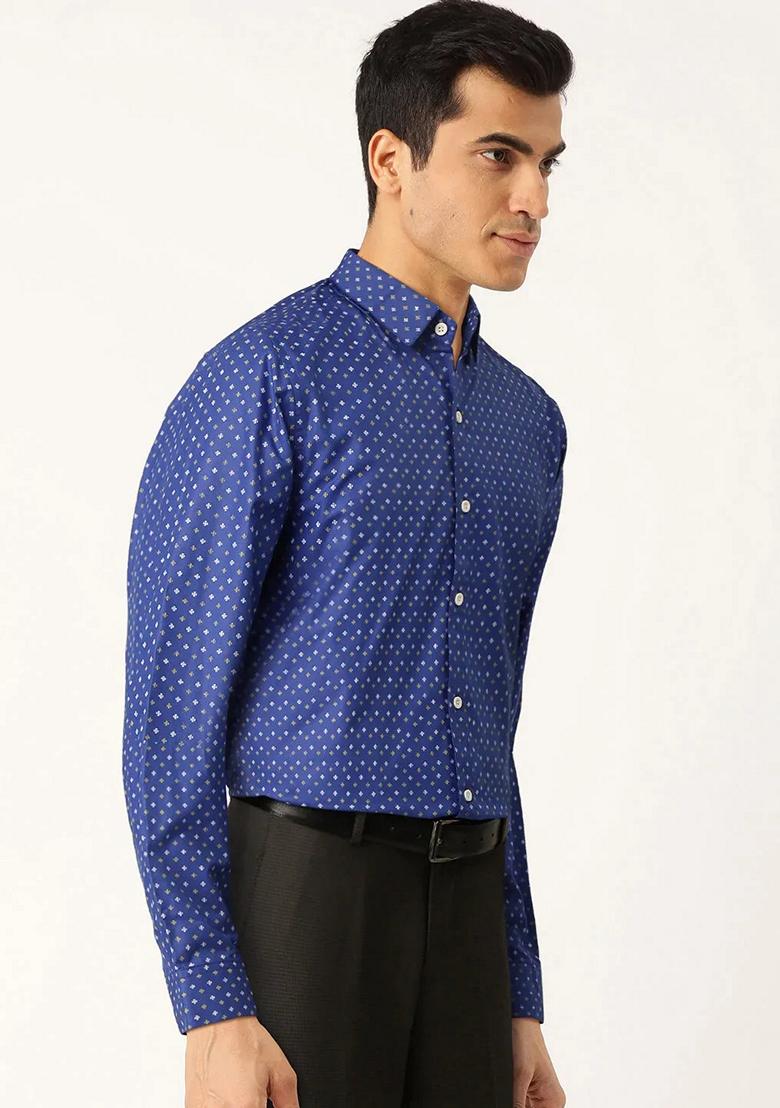 Blue Printed Cotton Shirt For Men - Indya