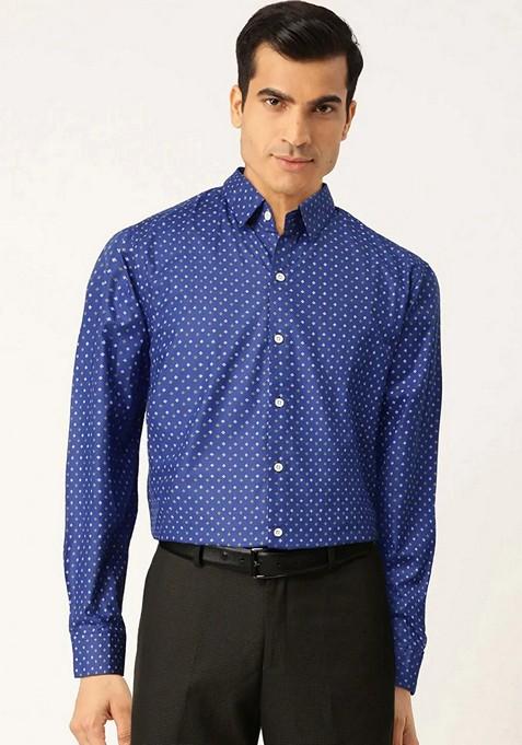 Blue Printed Cotton Shirt For Men