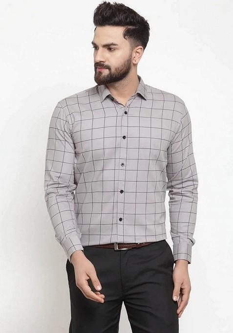 Grey Printed Cotton Shirt For Men