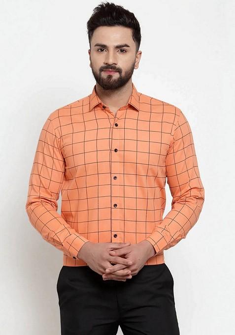 Orange Printed Cotton Shirt For Men