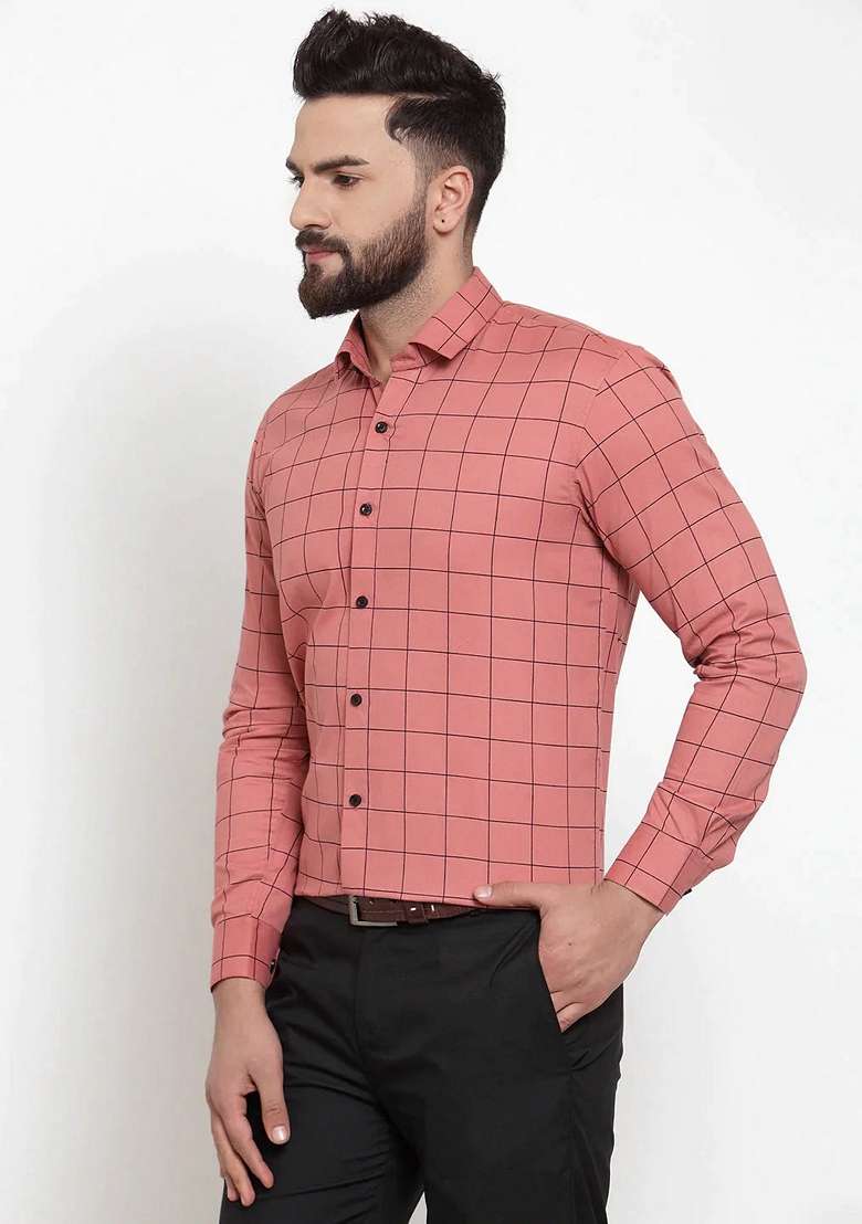 Peach Printed Cotton Shirt For Men - Indya