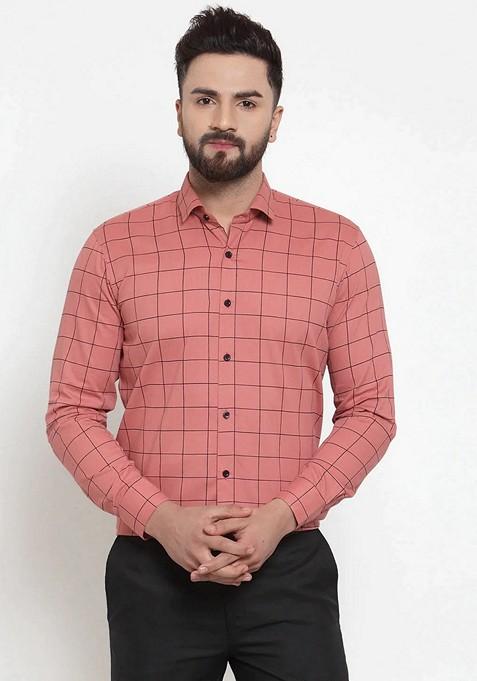 Peach Printed Cotton Shirt For Men